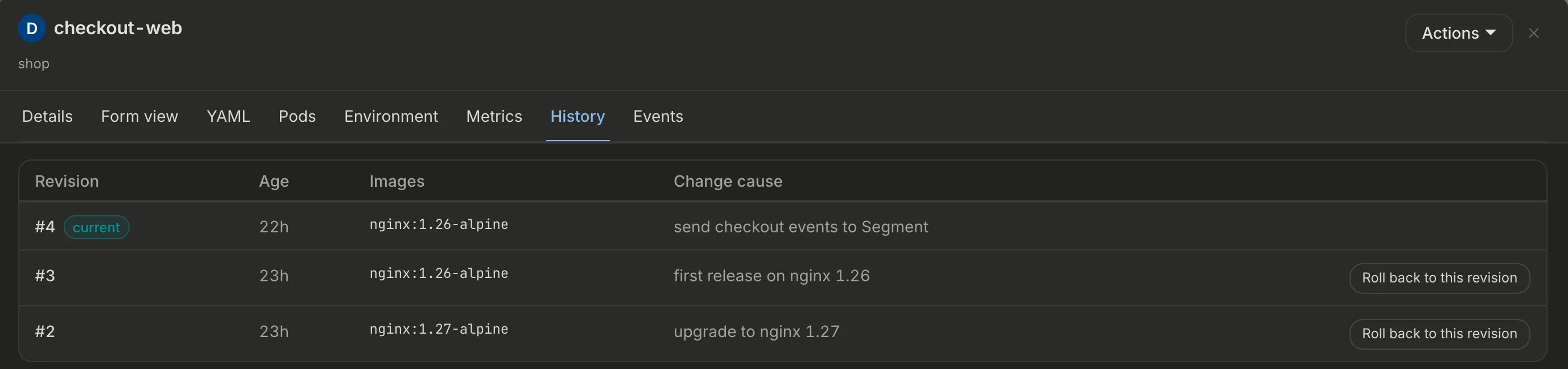 History tab for checkout-web listing revisions 4, 3 and 2 with images, change causes and a roll back button on each older revision.