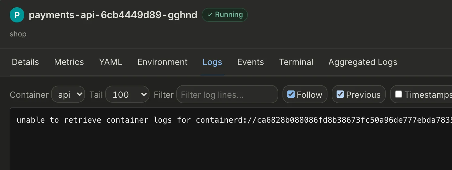 Logs tab with Previous selected, showing ERROR connect ECONNREFUSED payments-db:5432 and FATAL exiting with code 1.