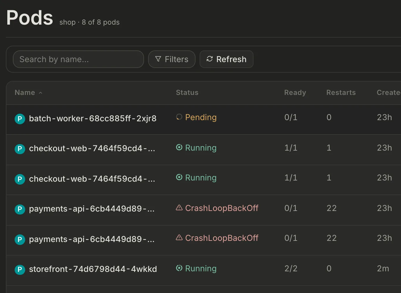 Pods list for the shop namespace with one Pending pod and two payments-api pods in CrashLoopBackOff, and storefront pods showing 2 of 2 containers ready.